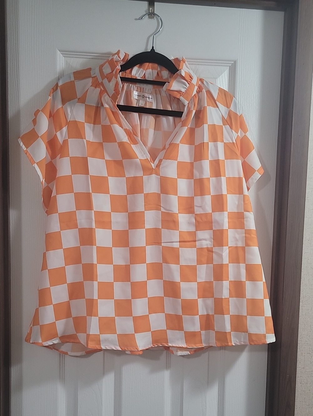 Stewart Simons Orange & White Checkered Ruffle Neck Blouse